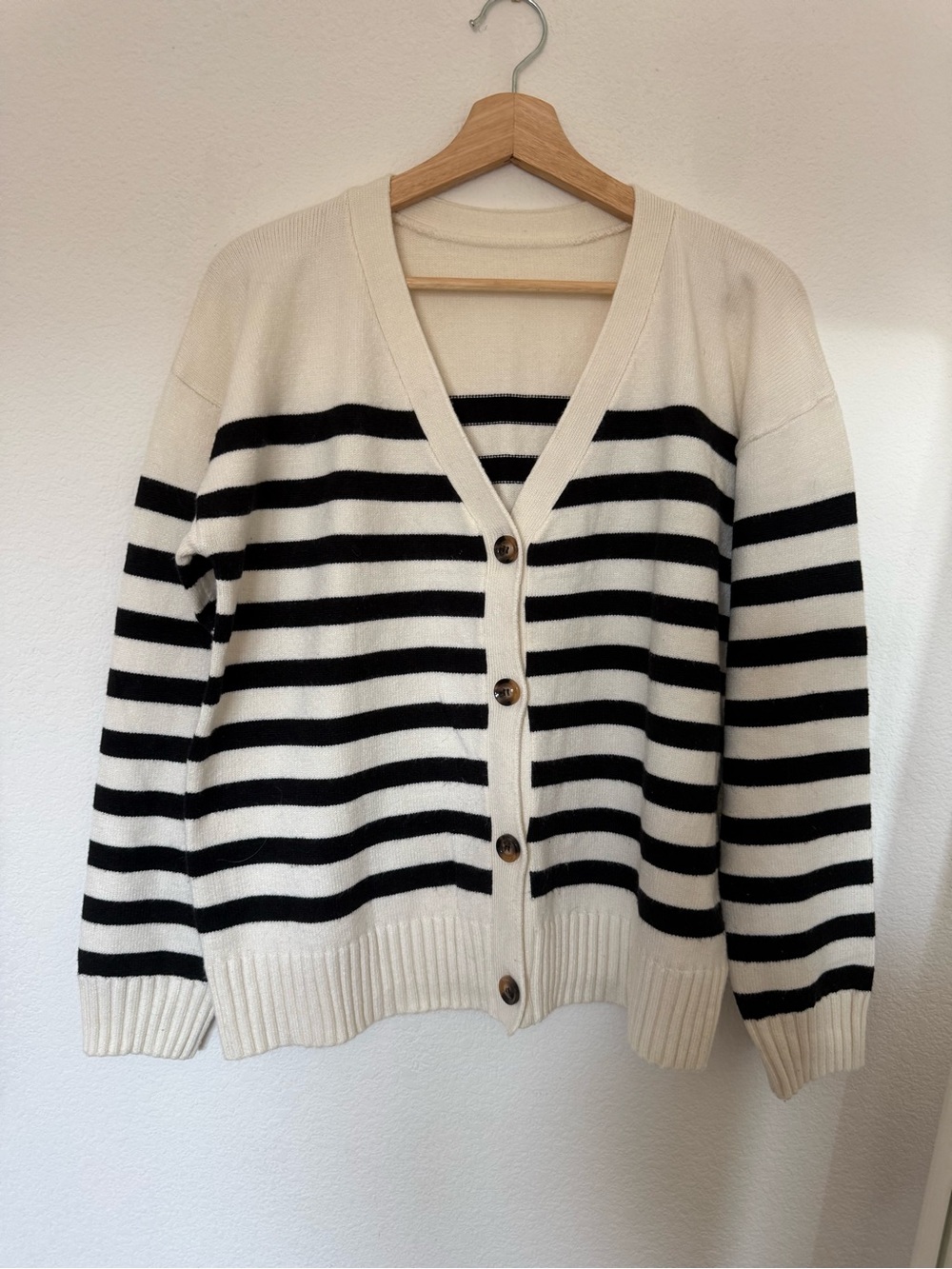 Striped V-Neck Button Cardigan Sweater - Cream & Black M/L